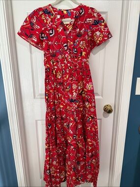 Anthropologie Red Floral V-Neck Tiered Maxi Dress